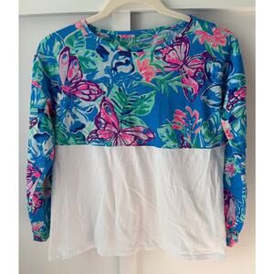 Lilly Pulitzer Finn long sleeve tee / white with blue butterfly top /  XL 12/14